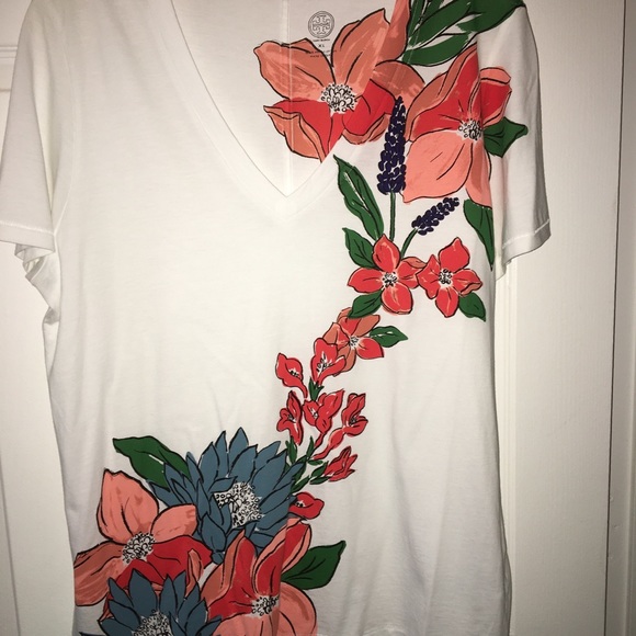 TORY BURCH NWOT AUTHENTIC 100% PIMA COTTON V-NECK FLORAL BLOUSE T-SHIRT - Picture 1 of 16